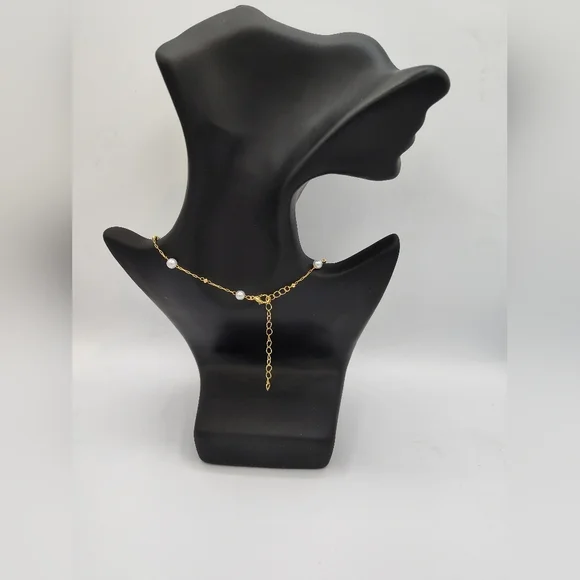 Dainty Goldtone Pearl And Gold Bead Station Necklace With Extender NWOT - Picture 3 of 3